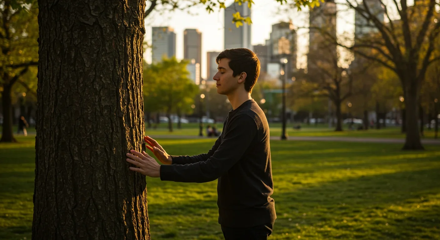 Woman practicing mindfulness meditation in peaceful park setting for climate anxiety relief