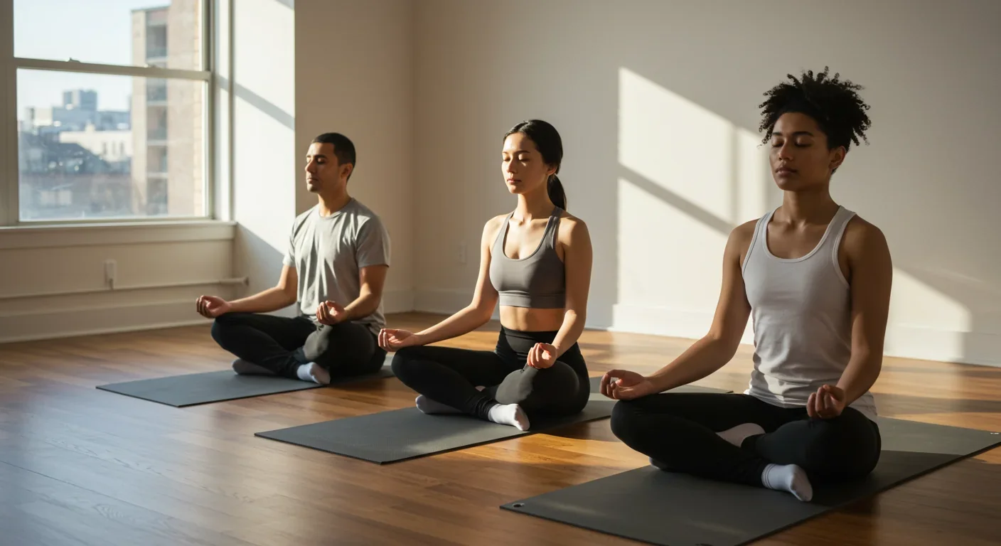 Diverse group practicing loving-kindness meditation together in bright studio