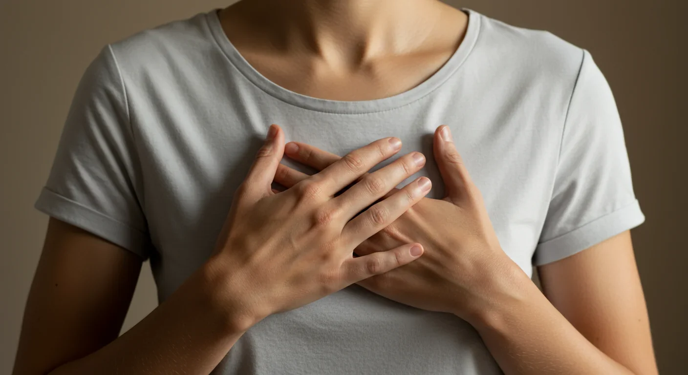 Hands placed over heart in self-compassion gesture during loving-kindness meditation