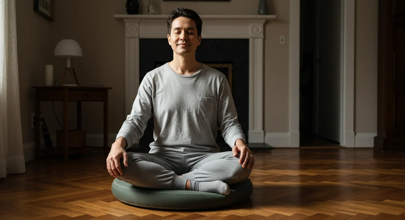 Person meditating peacefully at home in comfortable natural posture