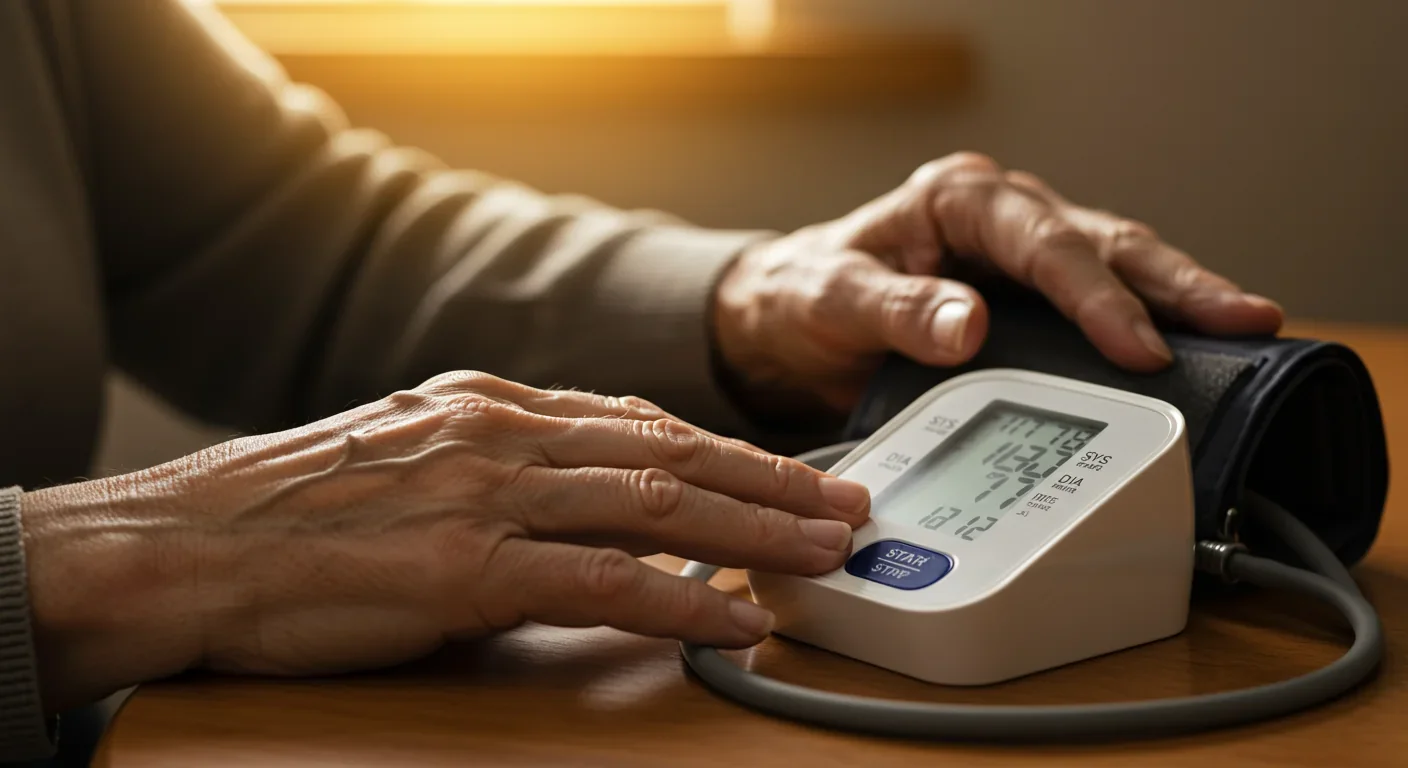Elderly patient checking blood pressure with digital monitor