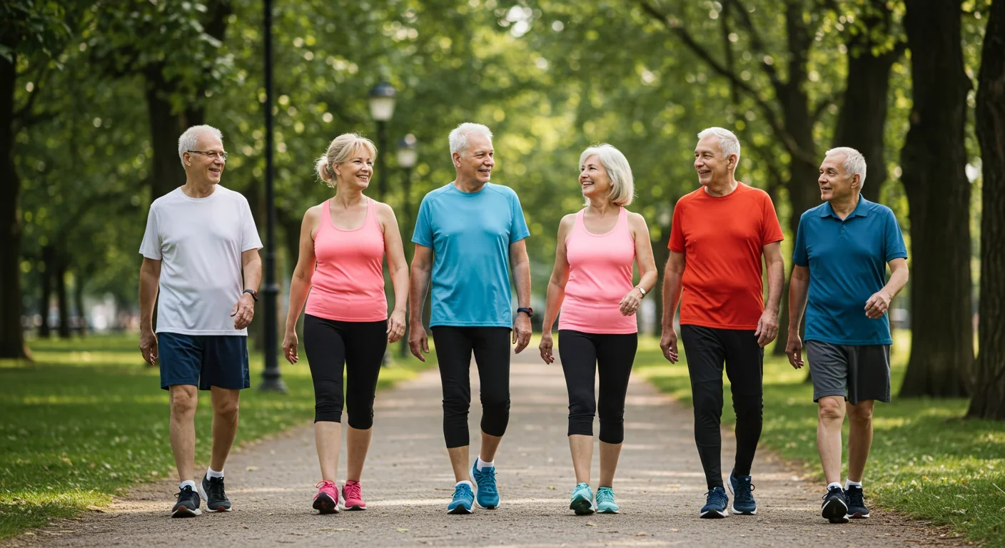 Group of active seniors walking together in a park