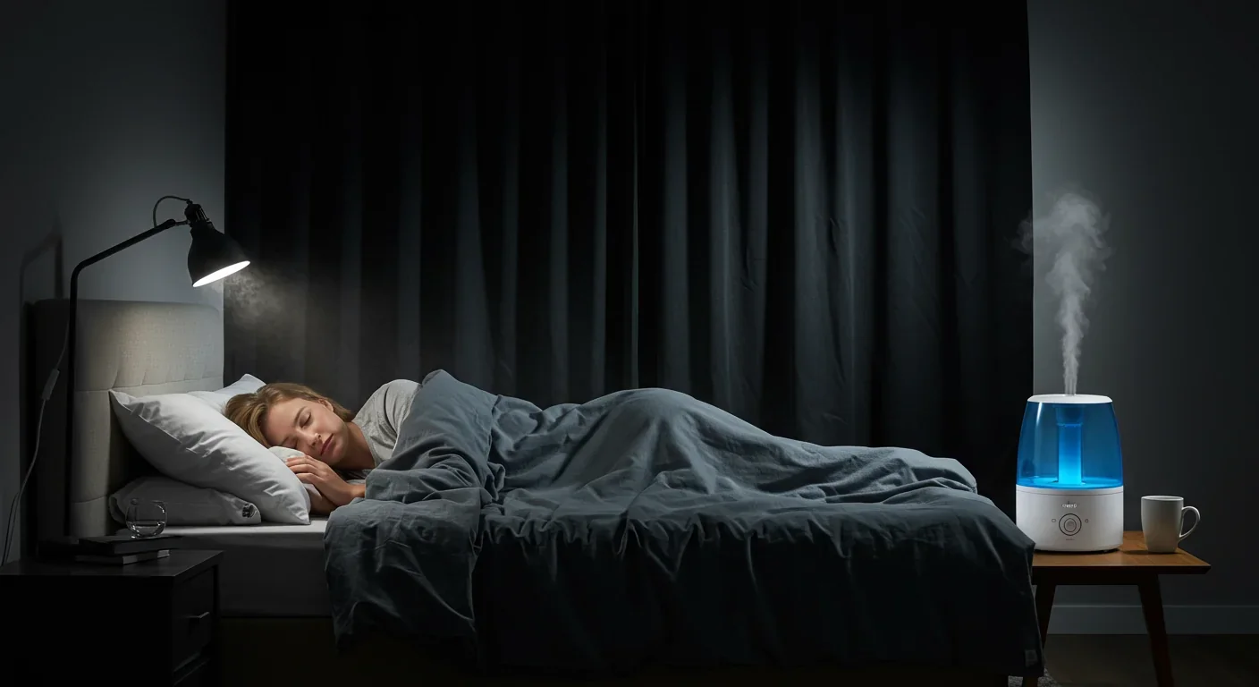 Optimized bedroom with blackout curtains and phone charging station outside the room