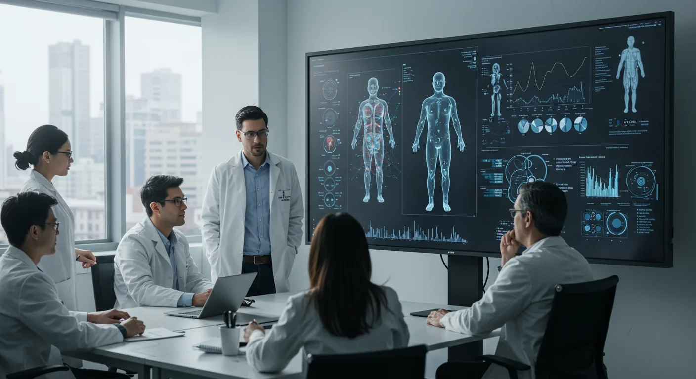 Pharmaceutical scientists analyzing virtual patient digital twins and organ simulations on large touchscreen in collaborative research setting