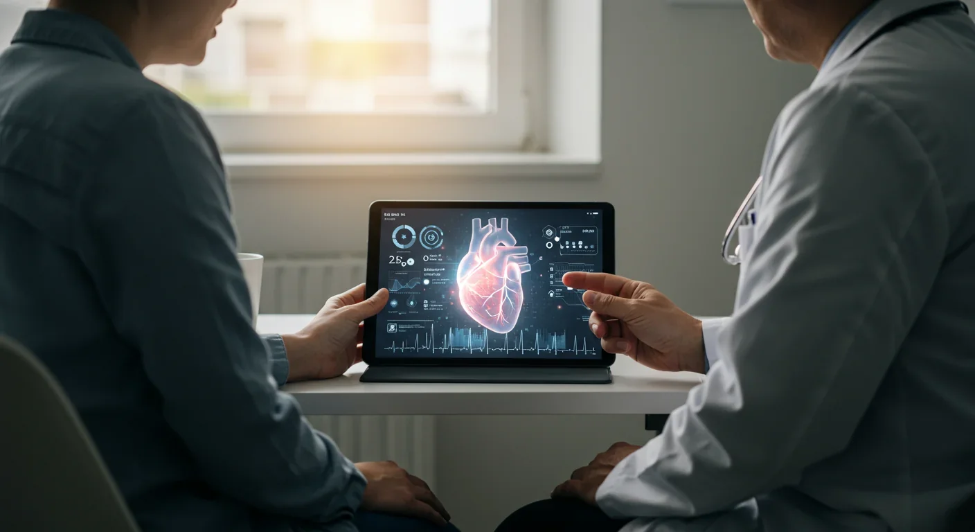 Doctor and patient reviewing personalized digital twin heart model on tablet during medical consultation in modern clinic