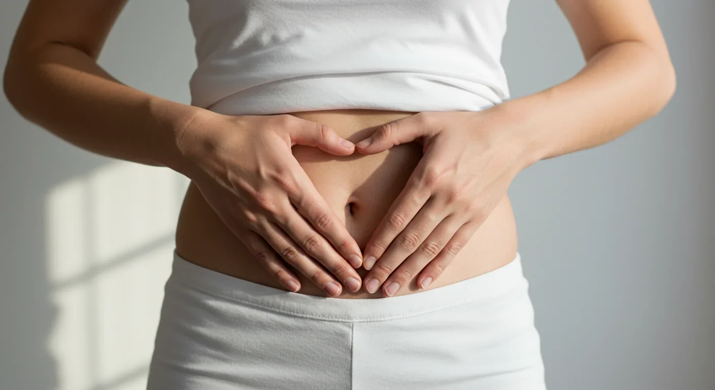 Person's hands forming heart shape over stomach representing gut health and microbiome wellness