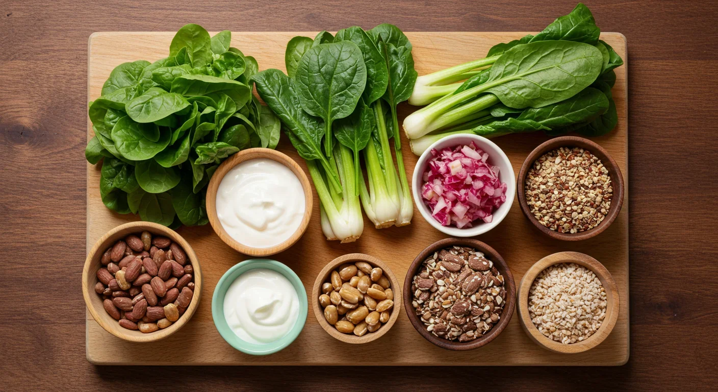 Colorful array of probiotic and fiber-rich foods that support healthy gut bacteria