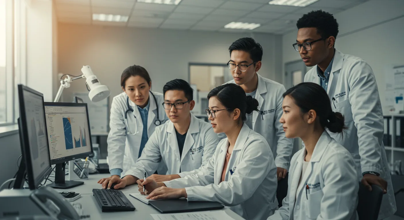 Research team analyzing data from gut-brain axis studies in modern laboratory facility