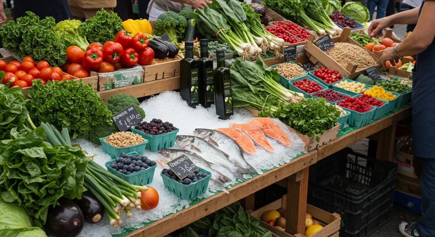 Fresh Mediterranean diet foods at farmers market including vegetables, berries, fish, and olive oil