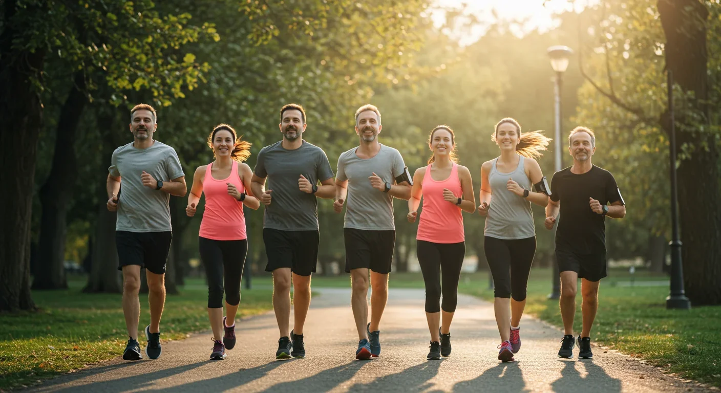 Diverse group of adults jogging together in a sunny park wearing fitness gear