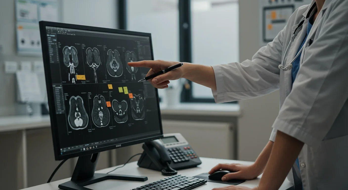 Healthcare professionals discussing AI-assisted diagnostic findings at computer workstation