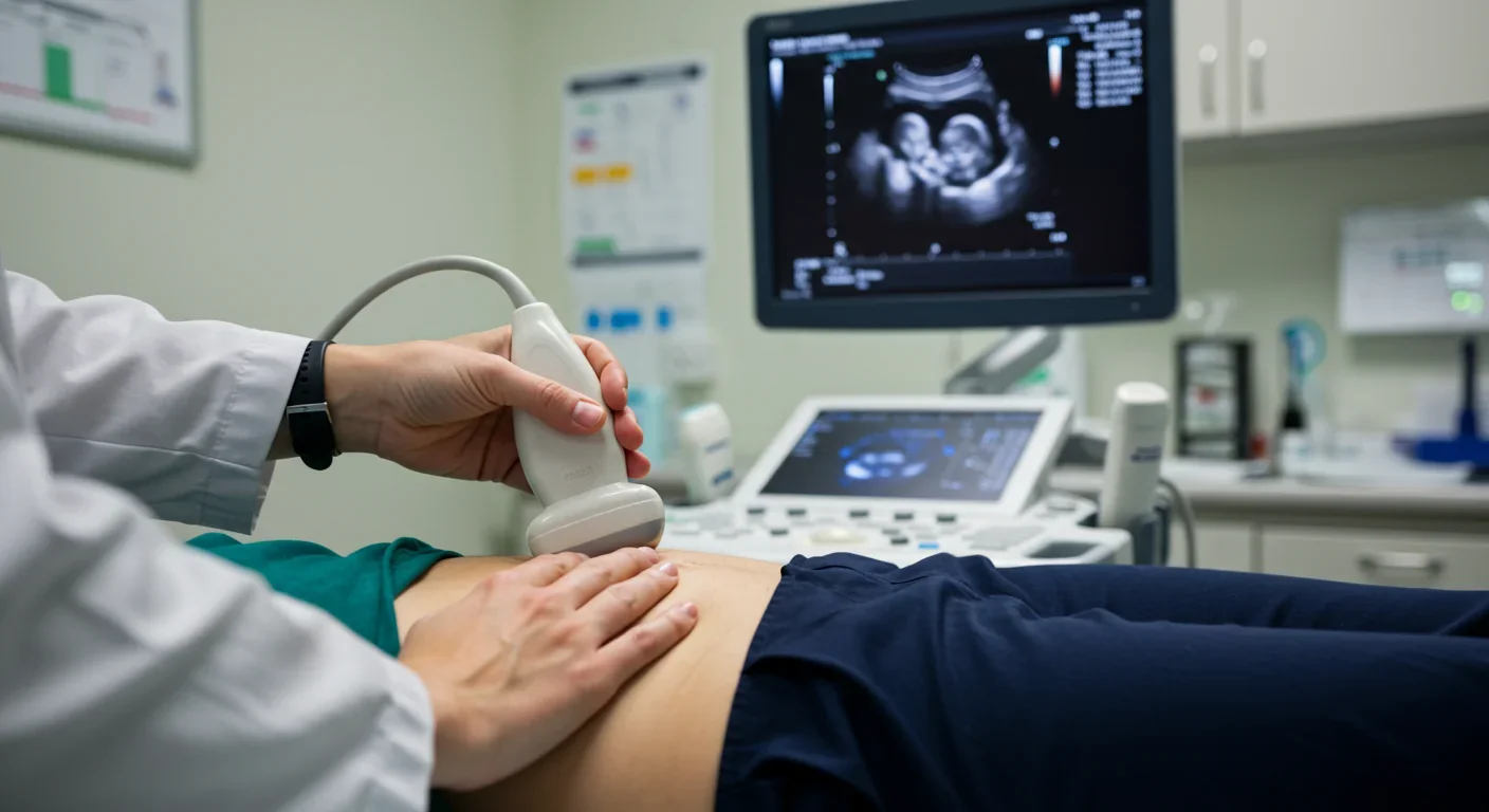Ultrasound technician performing fetal growth scan with AI measurement overlay system