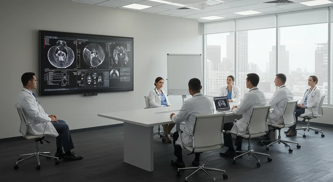 Medical team reviewing explainable AI diagnostic system during clinical training session