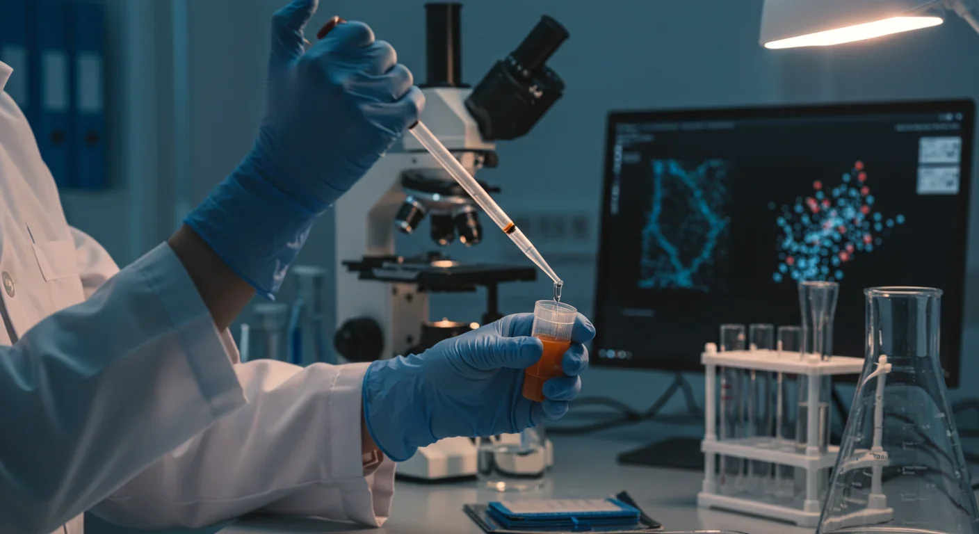 Scientist pipetting extracellular vesicle sample in modern biomedical research laboratory with microscope and nanoparticle analysis screen