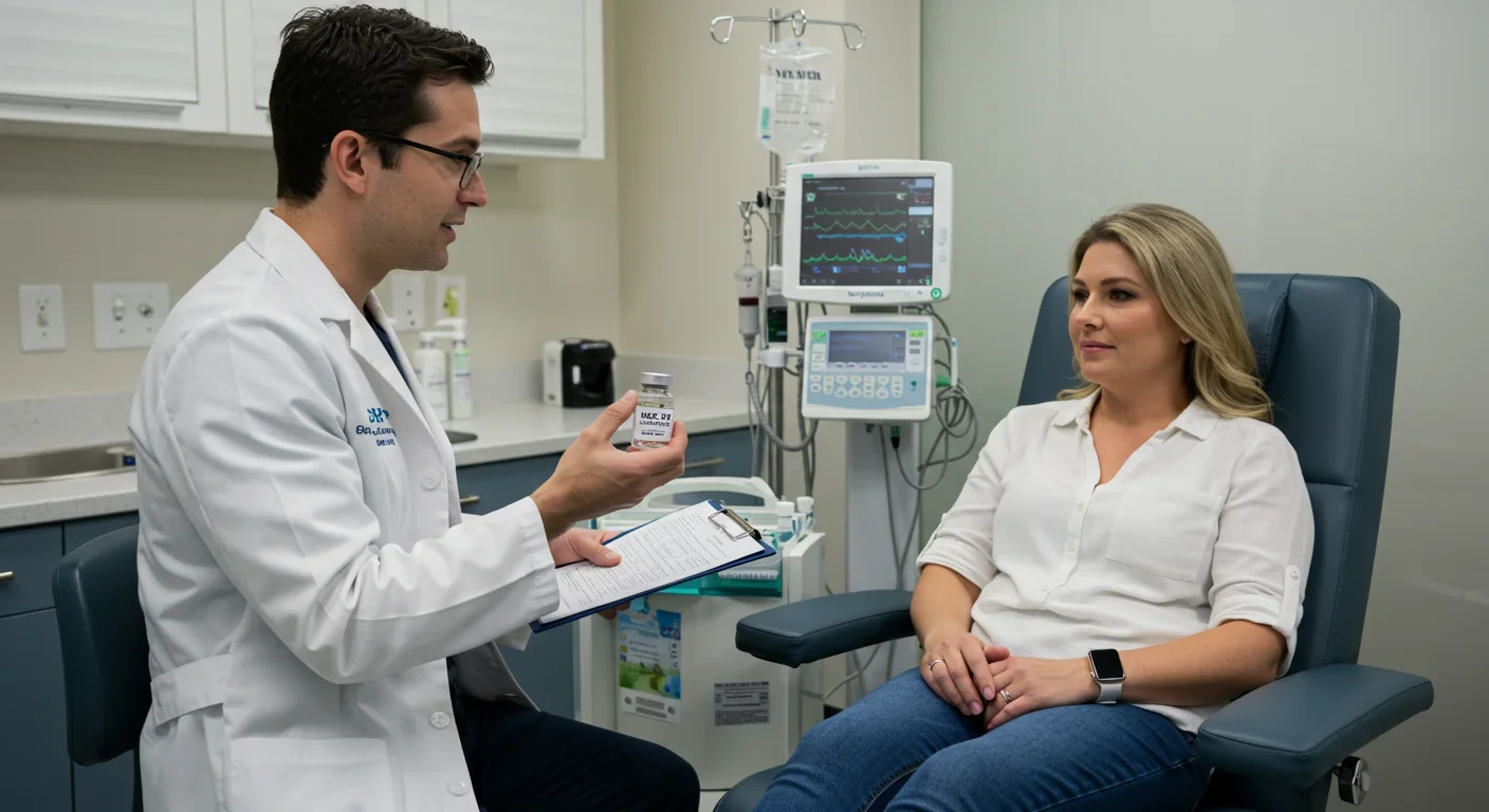 Doctor discussing mesenchymal stem cell-derived exosome therapy with patient in clinical infusion center