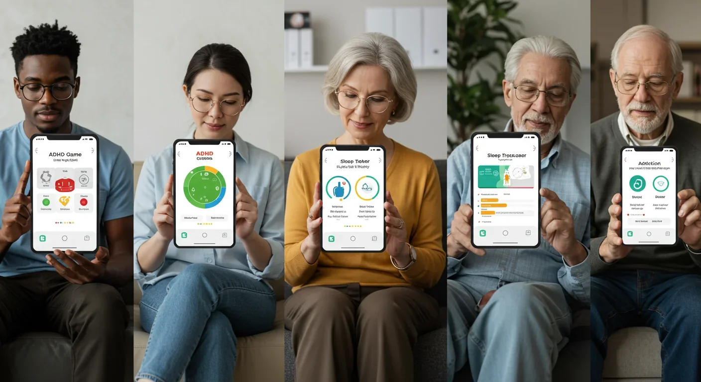 Diverse patients using FDA-approved digital therapeutic apps on smartphones for various conditions