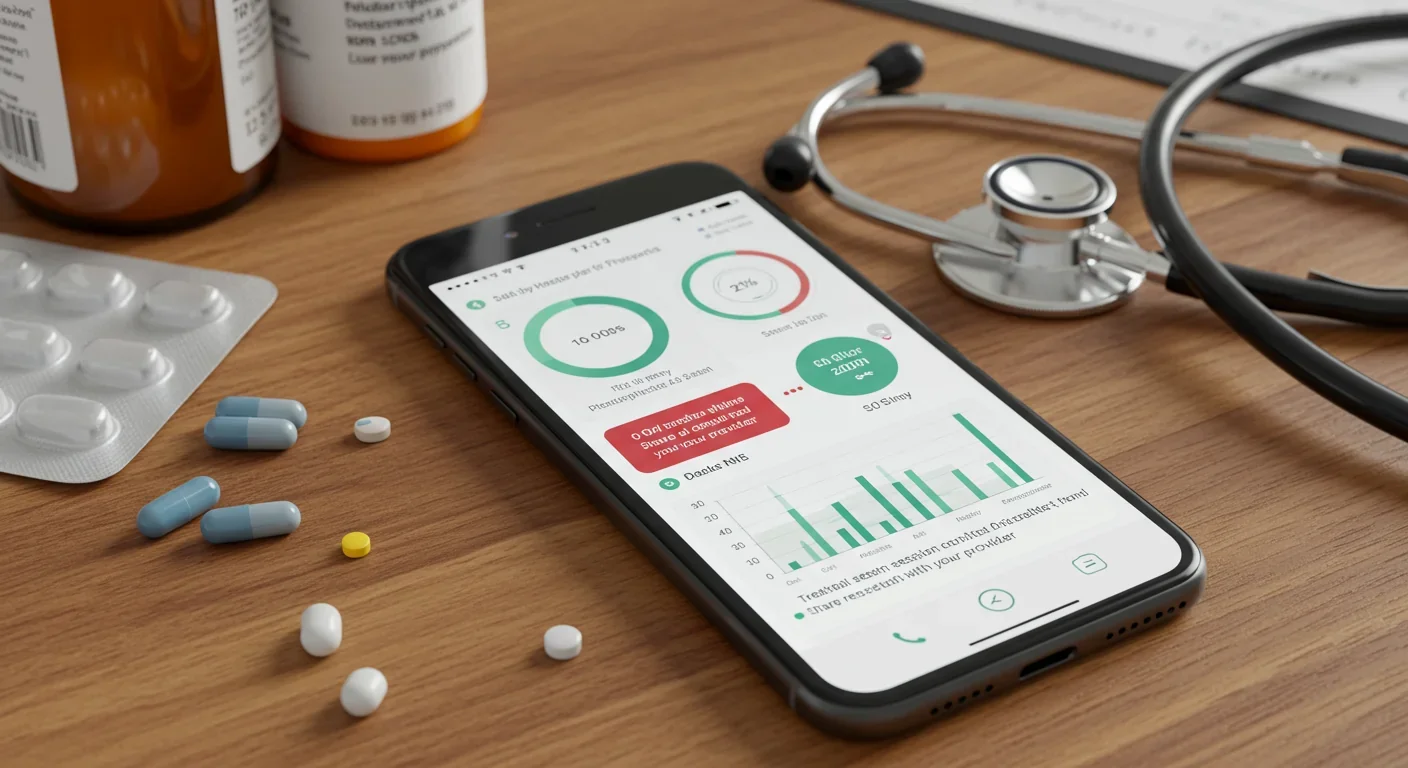 Smartphone showing FDA-approved digital therapeutic app dashboard with clinical progress metrics
