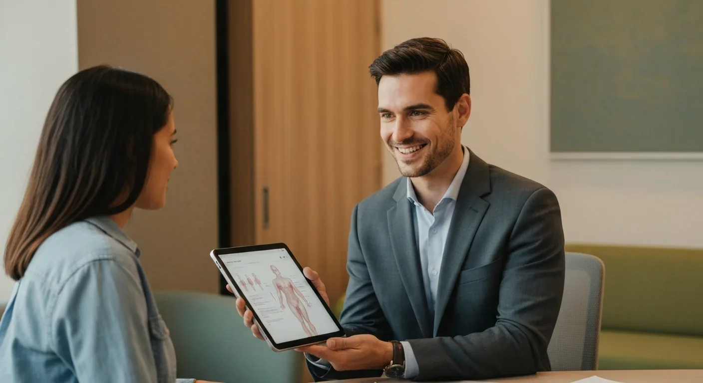 Gastroenterologist discussing fecal microbiota transplant treatment options with patient during clinical consultation