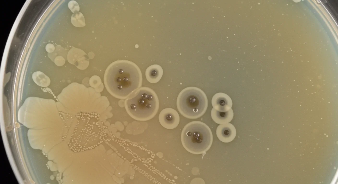 Petri dish showing bacteriophage plaques where viruses killed bacterial colonies