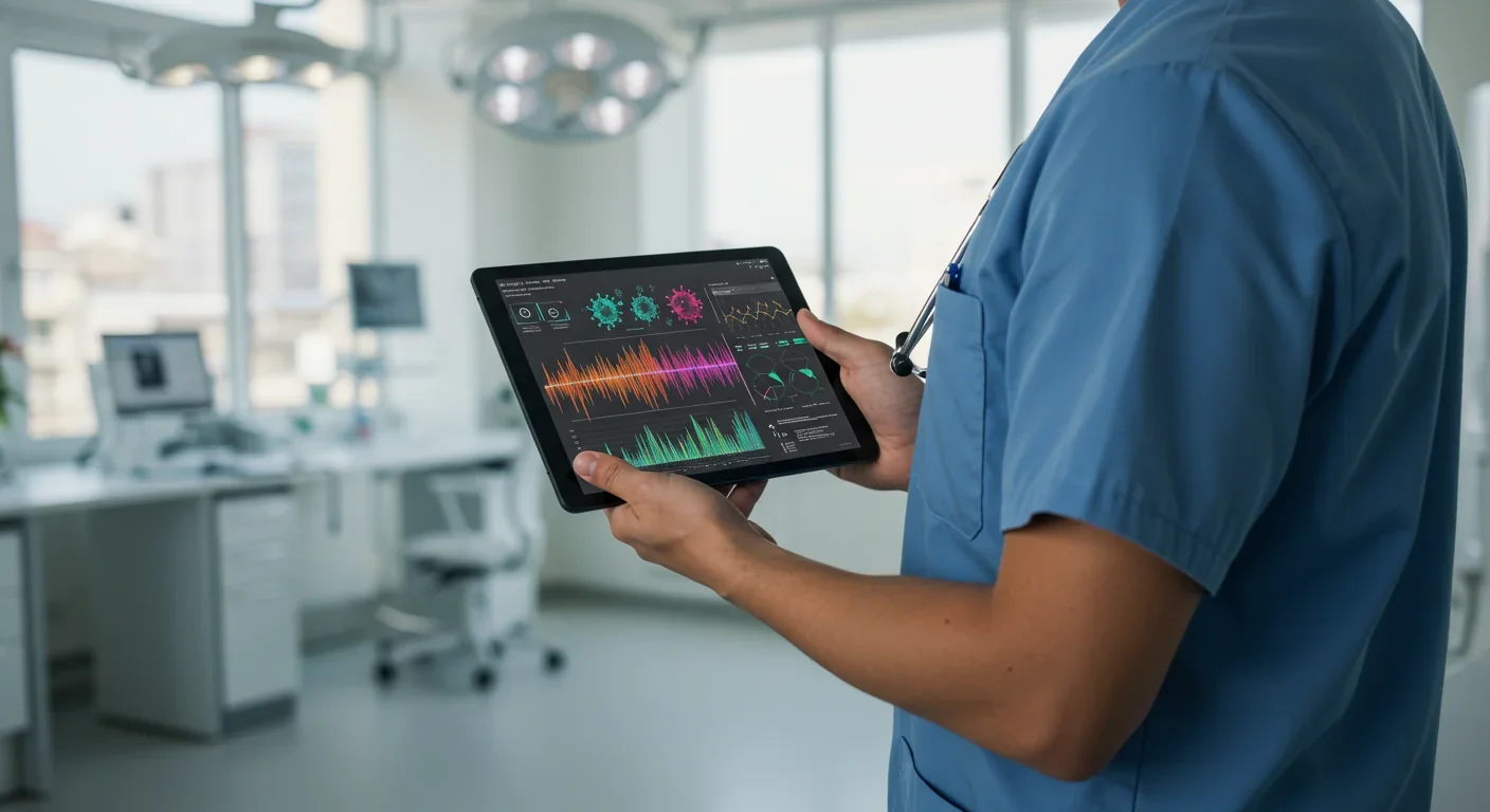 Healthcare provider reviewing patient virome analysis on digital tablet