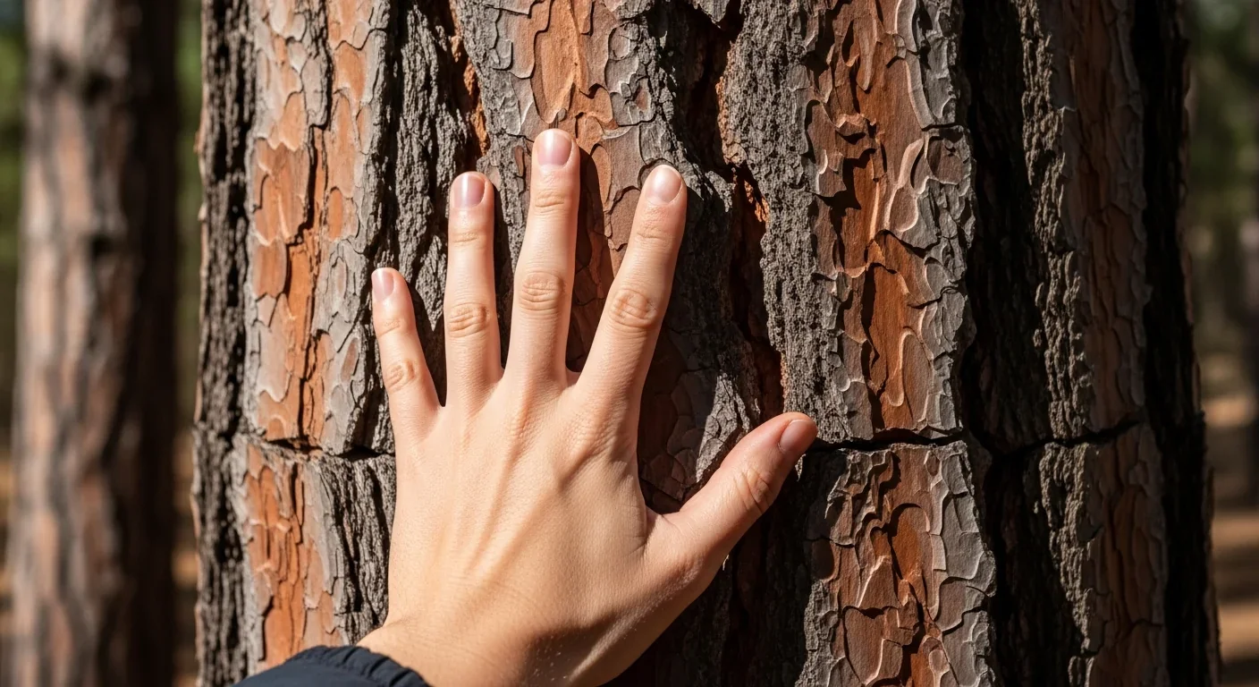 Hand touching pine tree bark during forest bathing session demonstrating sensory engagement with nature