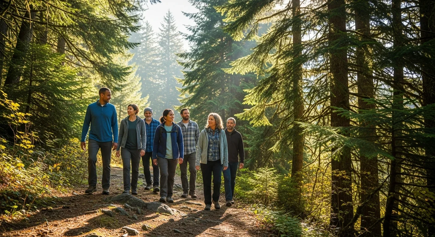 Group of people practicing forest bathing therapy while walking slowly through a conifer forest