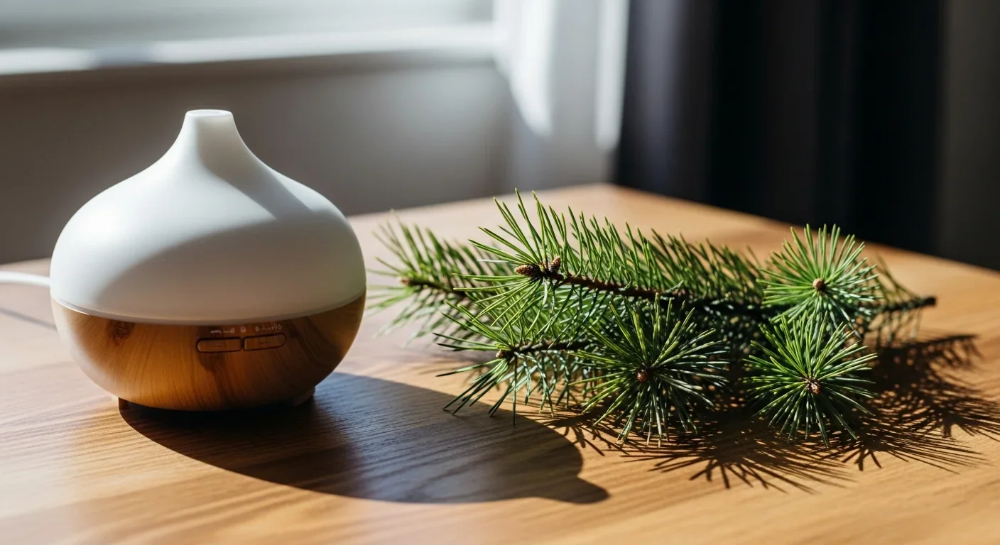Essential oil diffuser with pine branches showing alternative method for phytoncide exposure indoors