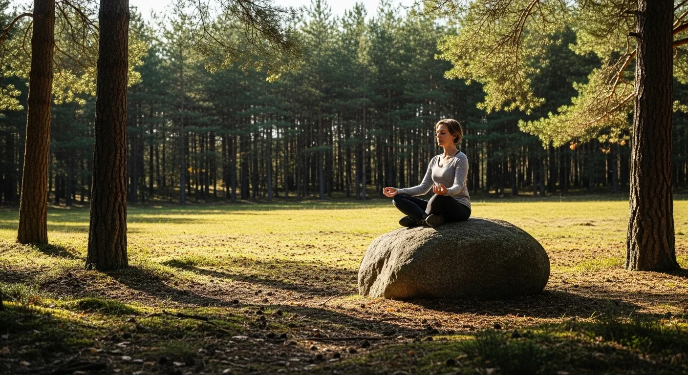 Person meditating in a pine forest demonstrating the calming effects of phytoncide exposure on the nervous system