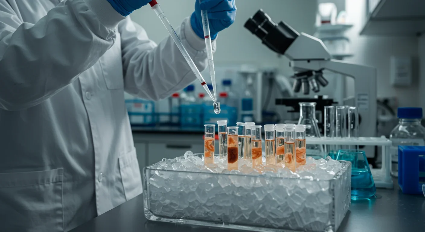 Scientist working with cryopreserved organ samples using antifreeze protein technology in laboratory