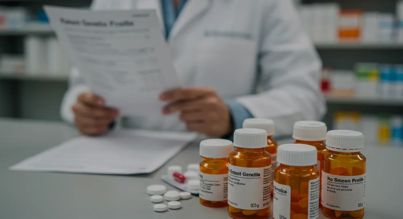 Pharmacist reviewing genetic profile while preparing personalized medication prescriptions