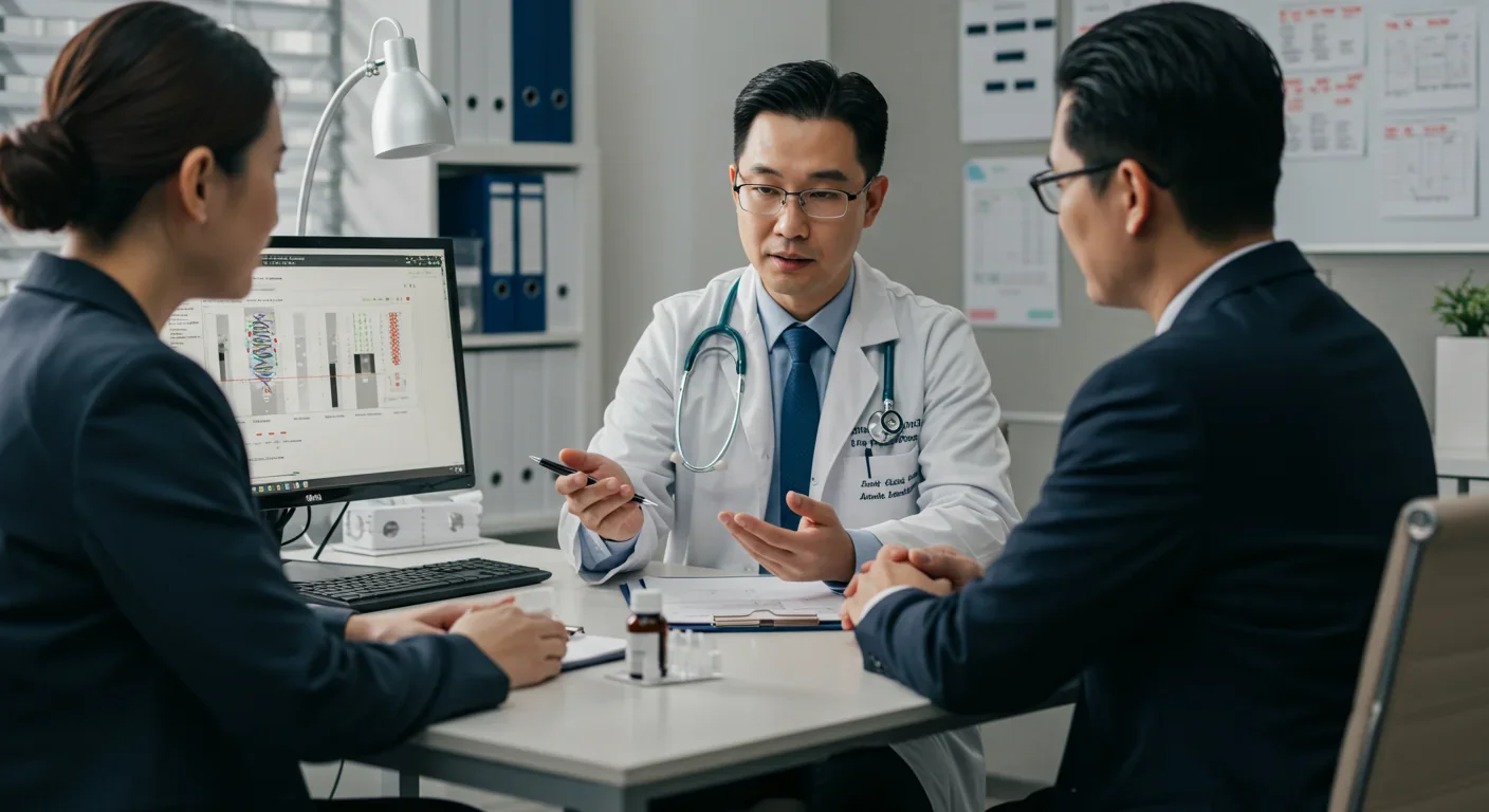 Physician discussing pharmacogenomic test results and medication options with patient