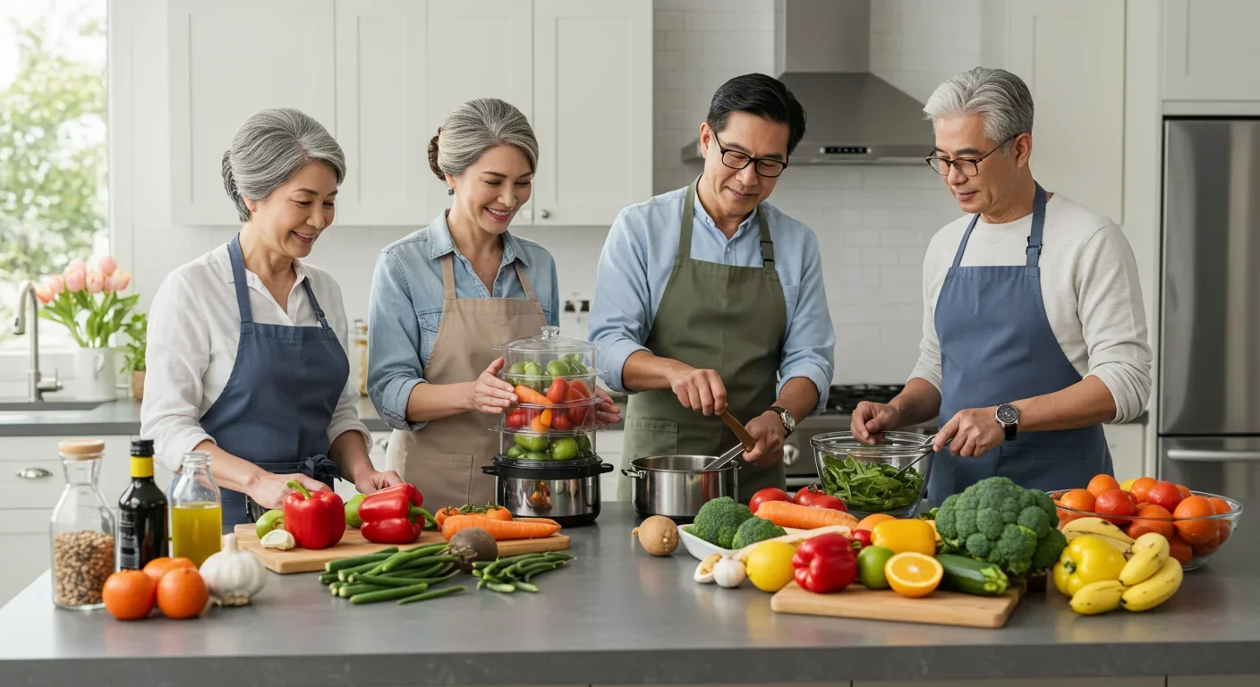 People preparing healthy low-AGE meals using steaming and moist-heat cooking methods in modern kitchen