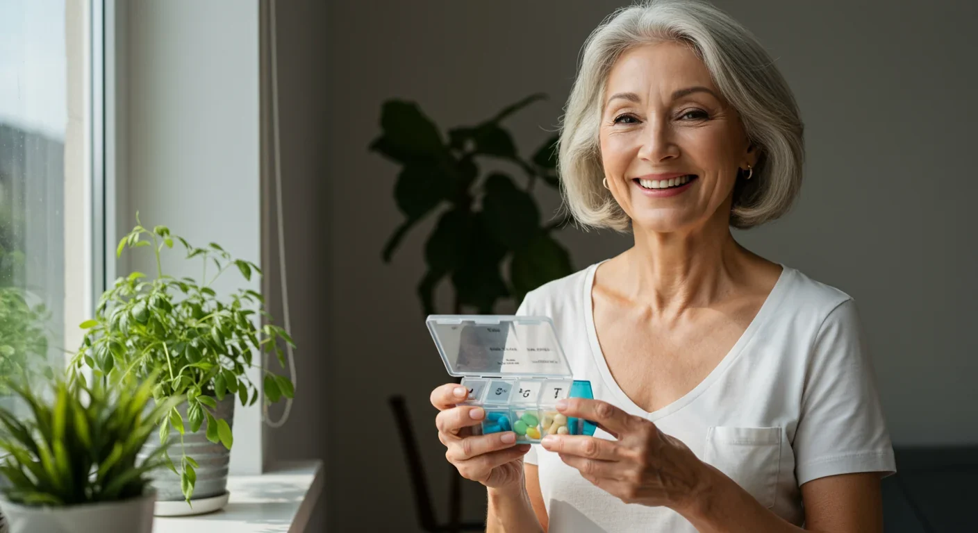 Healthy older woman with supplement organizer representing anti-glycation lifestyle and longevity strategies