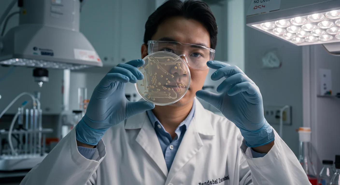 Microbiologist studying gut bacteria cultures to understand glyphosate's antimicrobial effects