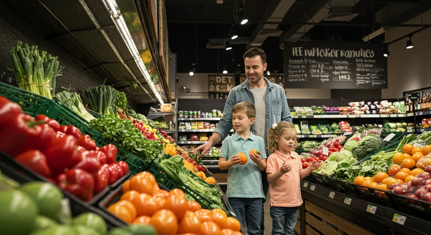 Family choosing organic vegetables at supermarket to reduce pesticide exposure