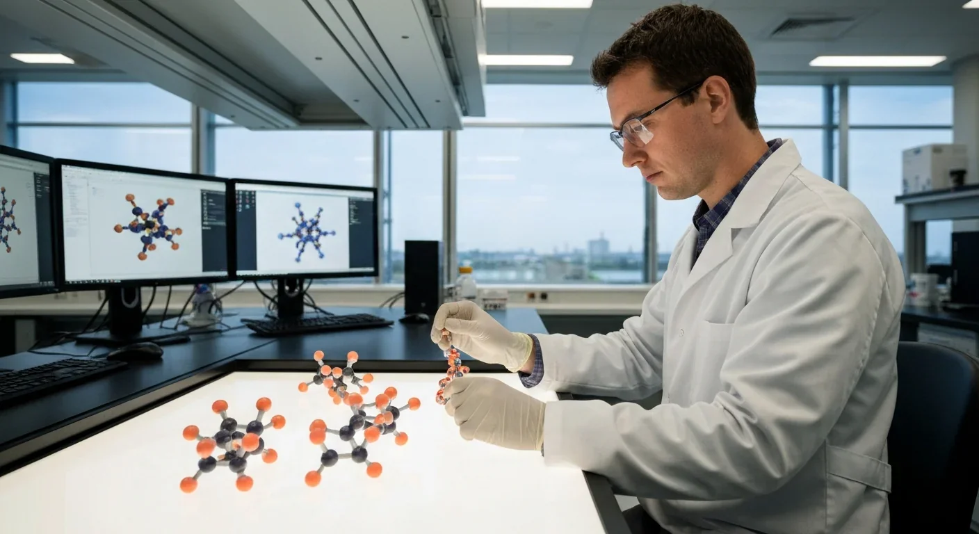 Research scientist studying molecular receptor models in laboratory setting