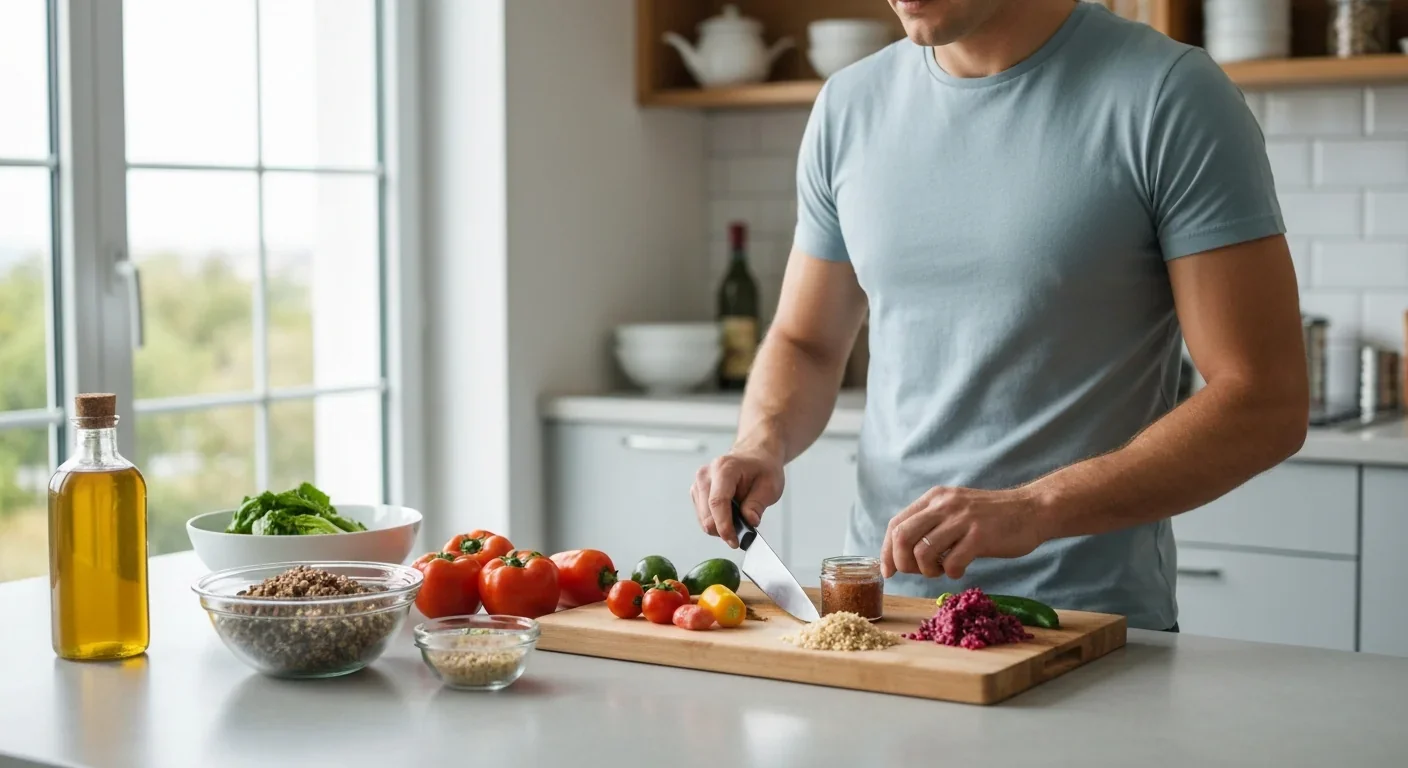 Adult preparing healthy fiber-rich meal with vegetables and whole foods in kitchen