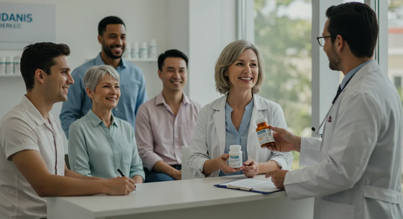 Doctor prescribing probiotic capsules to patient in modern clinic for gut health treatment