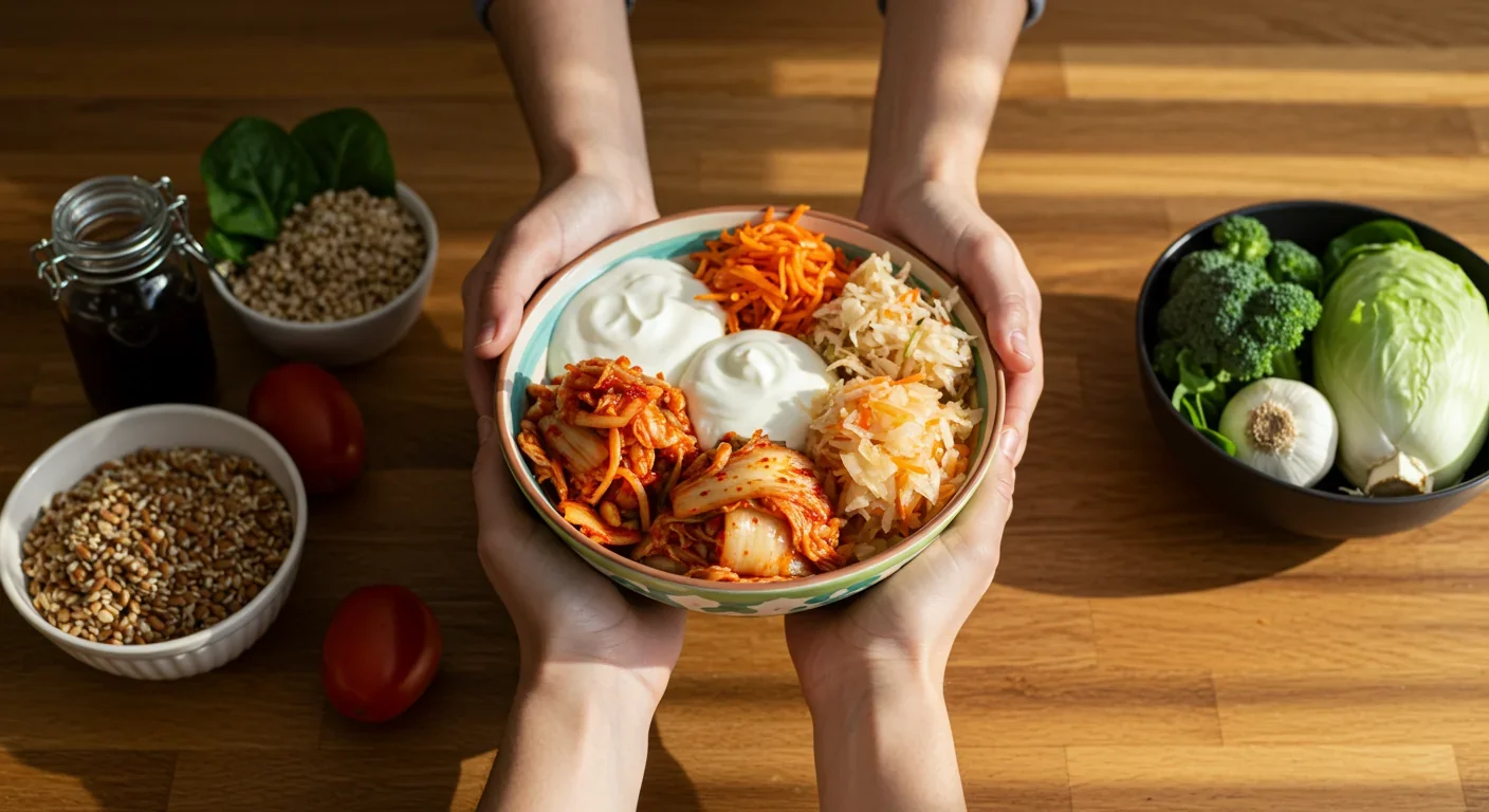 Hands holding bowl of fermented probiotic foods and fiber-rich vegetables for gut microbiome health