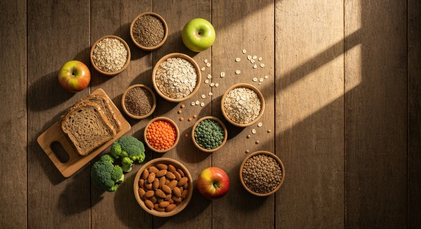 Overhead photograph of diverse high-fiber foods including grains, fruits, and vegetables arranged on a wooden surface