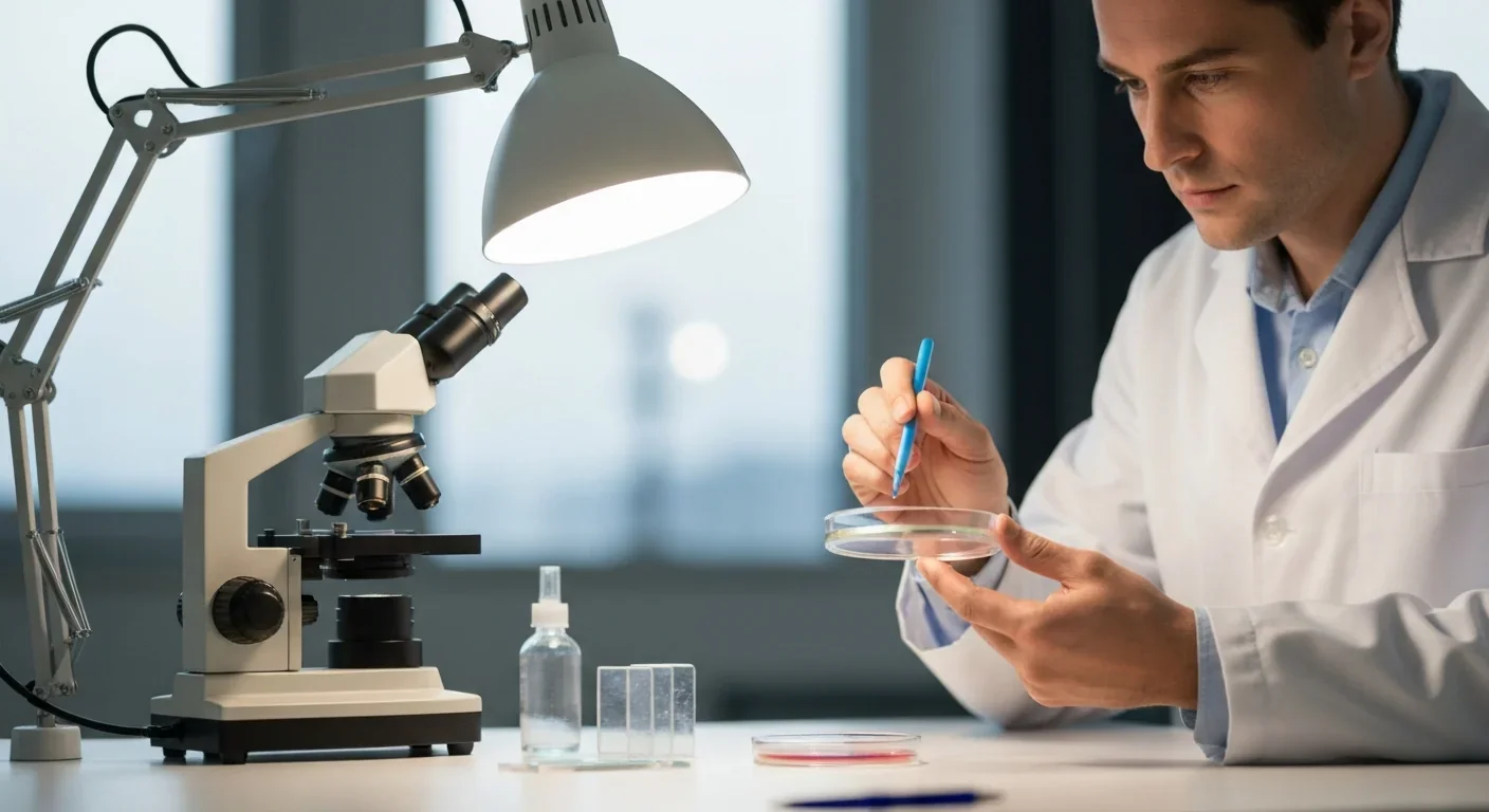 Close-up of a researcher in lab coat examining a petri dish under bright laboratory lighting
