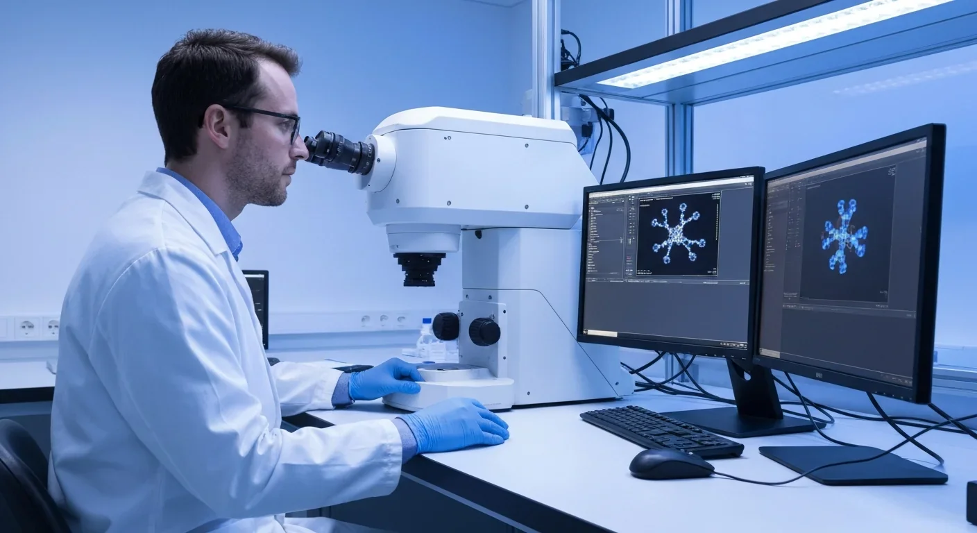 Scientist operating a cryo-electron microscope while reviewing molecular structure data on a monitor