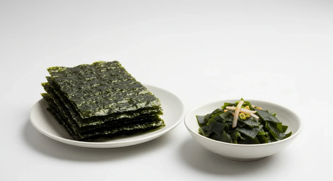 Stacked dried nori seaweed sheets on a ceramic plate beside a bowl of wakame salad