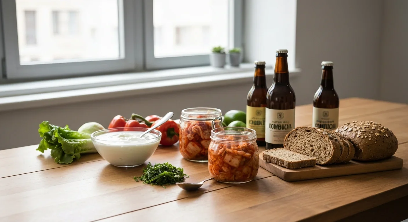 Array of gut-healthy fermented foods and fiber-rich whole foods that support microbiome diversity