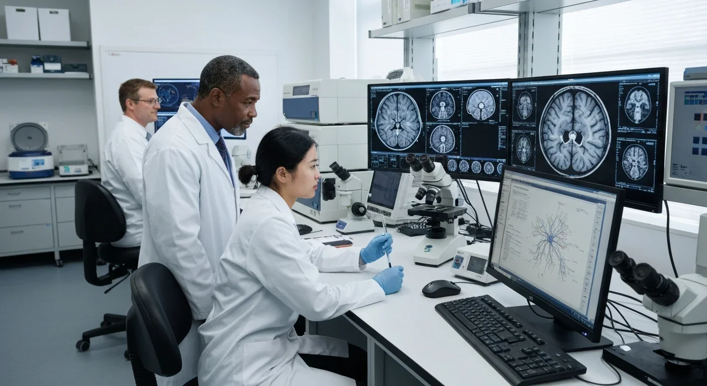 Neuroscientists analyzing brain scans showing gut-brain neural pathways in research lab