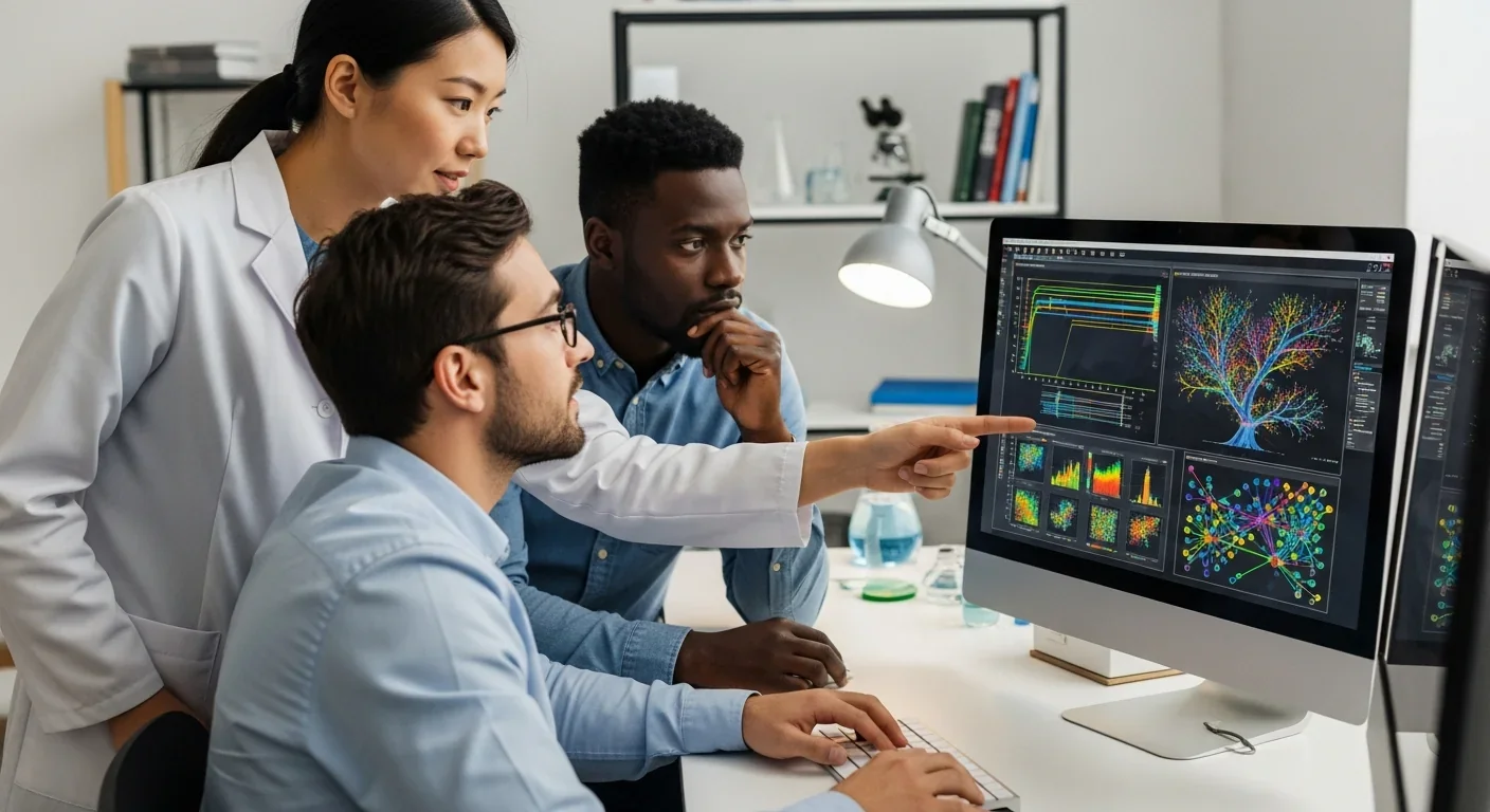 Research team analyzing microbiome data on computer