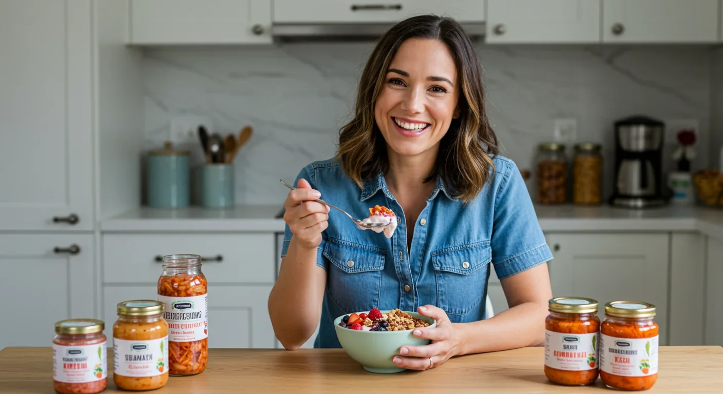 Colorful array of gut-healthy foods including vegetables, fermented foods, and whole grains on a kitchen table