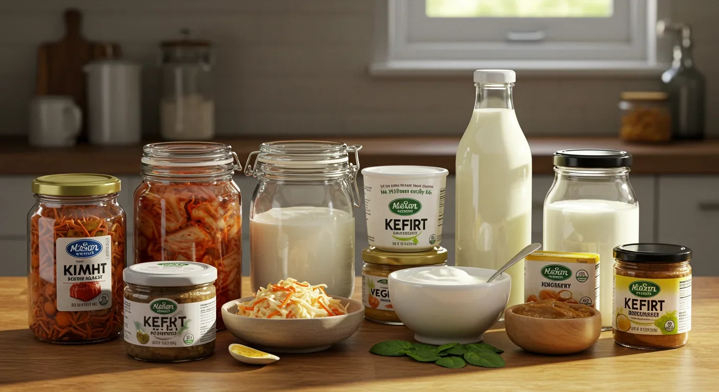 Colorful array of fermented foods including kimchi, yogurt, and sauerkraut for gut health