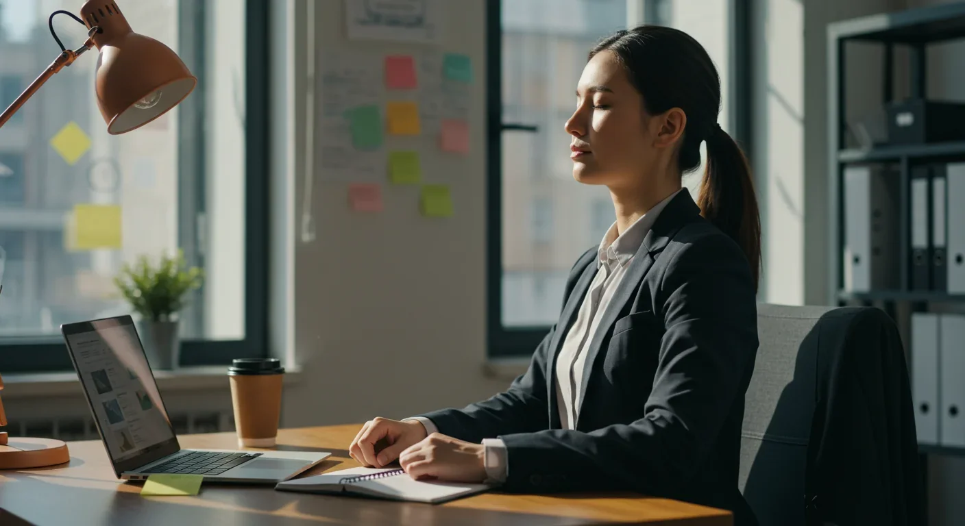 Professional practicing coherence breathing technique at workplace desk