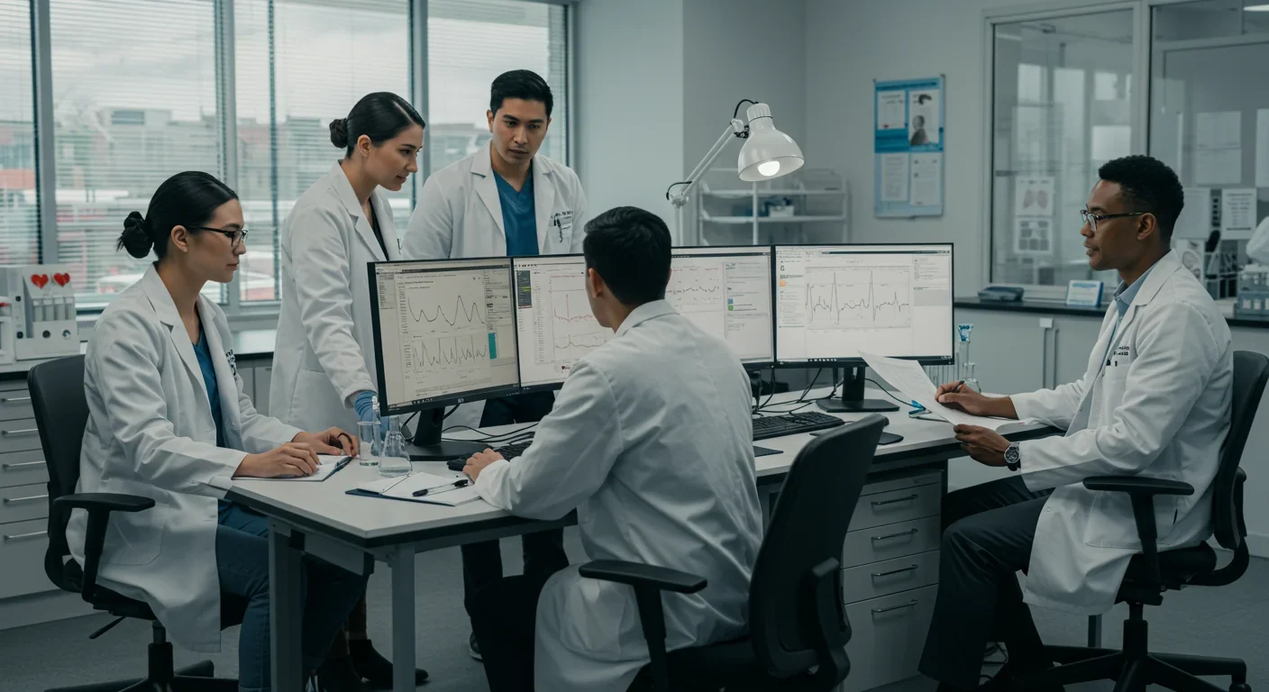 Research scientists analyzing heart rate variability data in clinical study of anxiety interventions